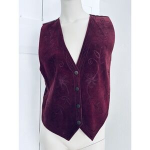 Vintage Maroon Suede Leather Vest Monochrome Embroidery Women's PSmall Western
